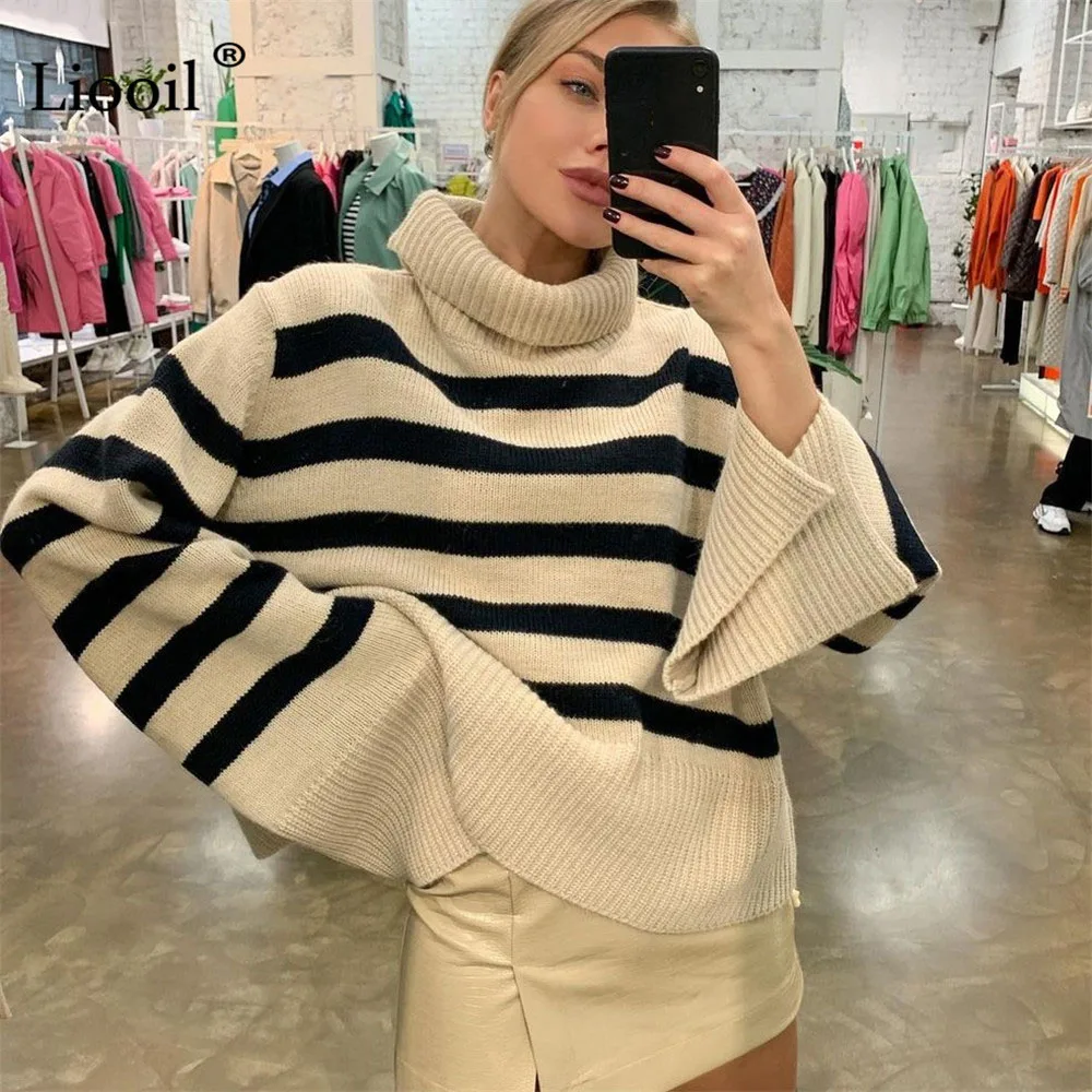 

Sexy Striped Knitted Ribbed Sweater Baggy Tops Women Pullover Female Jumper Turtleneck Streetwear Autumn Knitwear Loose Sweaters