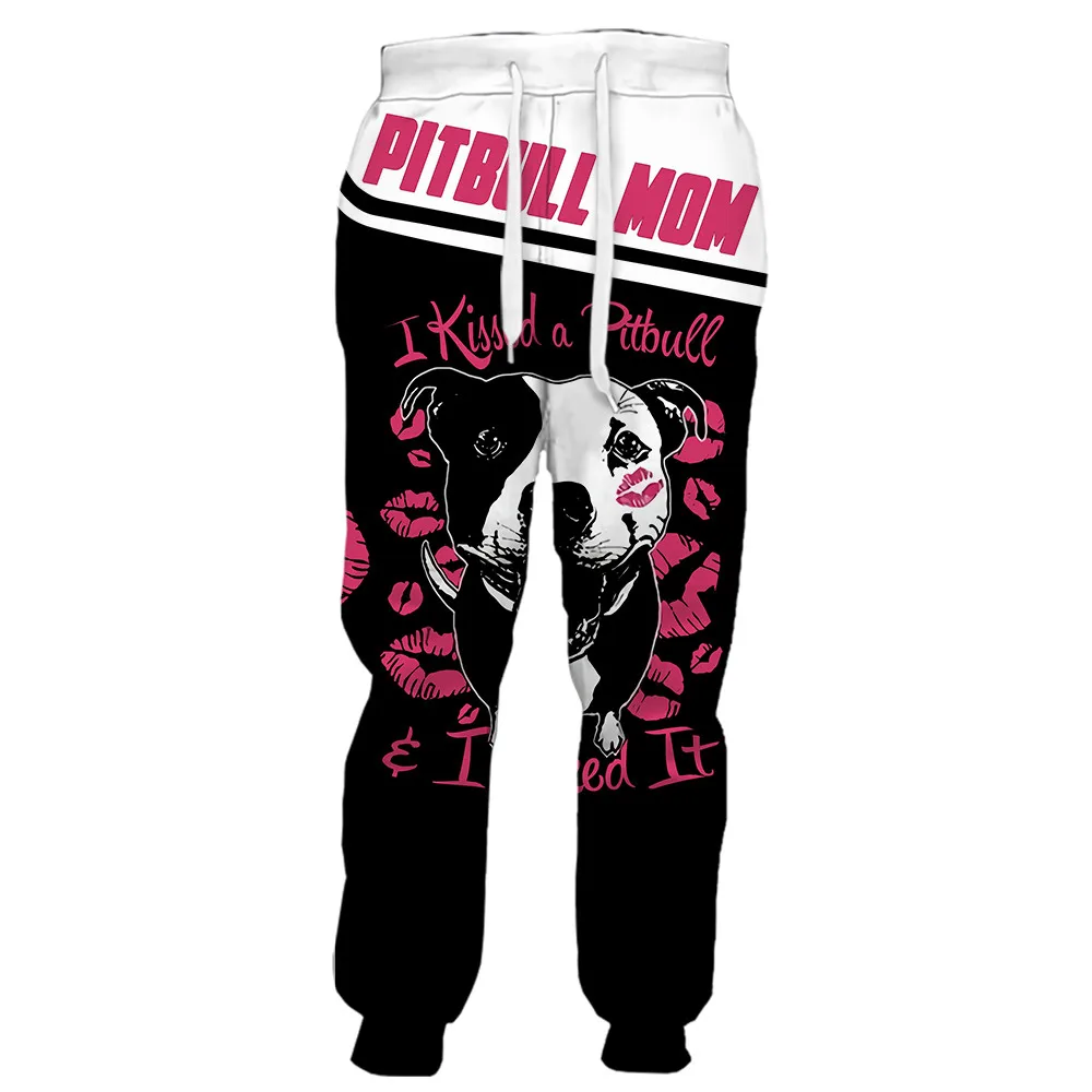 

CLOOCL Pitbull Mom Print Pants 3D Graphic I Kissed Pitbull Stitching Sweatpants Elastic Sportswear Harajuku Streetwear