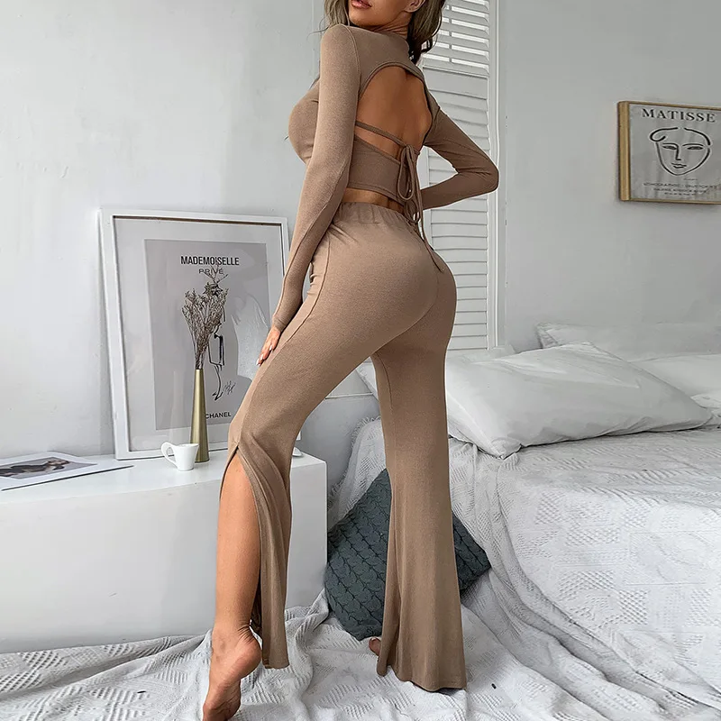 

Women's Sexy Backless 2pcs Clothing Set 2021 Spring Summer Long Sleeve Backless T Shirt Top + High Waist Wide Leg Pants Outfits