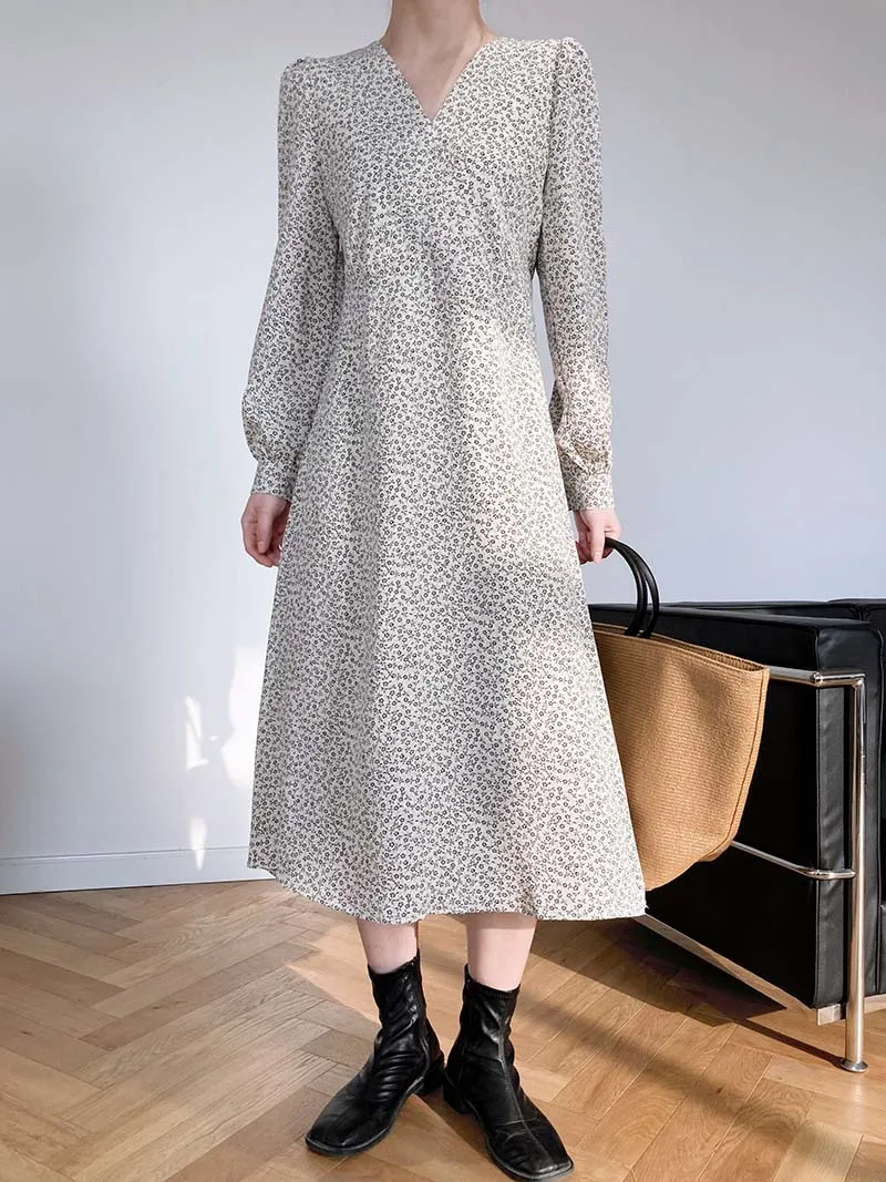 

Women V Neck Full Sleeve Dresses Floral Print Chiffon Dresses High Waist Female Dress Elegant A-line Vestidos Femme