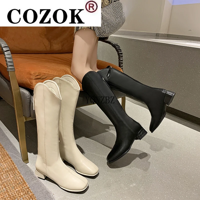 

Женские осенние сапоги до колена, белые рыцарские сапоги, модные сапоги на высоком каблуке, с квадратным носком и боковой молнией, 2022