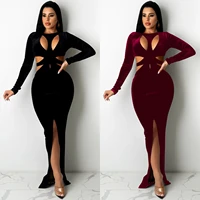 sexy elegant hollow out high split long dress for women long sleeve zipper bodycon night party vestidos 2021 hipster streetwear