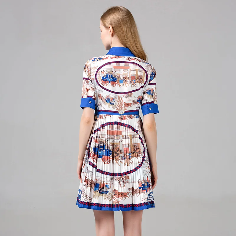 

Fashion Runway Floral Pleated Dress 2021 Summer Women Short Sleeve A-Line Luxury Jacquard Printed Vintage Midi Dresses Vestidos