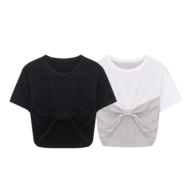 

Women Summer Solid Color slim O-Neck Cotton Patchwork Pleated Bow Crop Short T-Shirt Female Sweet Tees Ladies Casual Tops ZM99