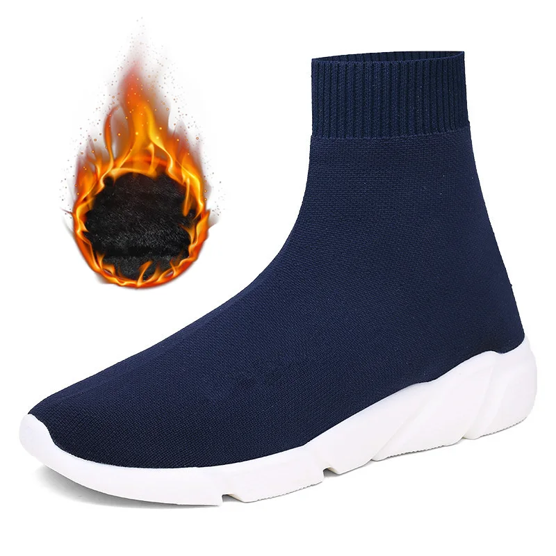 Blue With Fur Женские кроссовки из вулканизированного материала, на плоской подошве, тянущиеся, вязаные, меховые носки, ботинки размера плюс, мужские, женские короткие ботинки, женская обувь на платформе - Цвет: Blue With Fur
