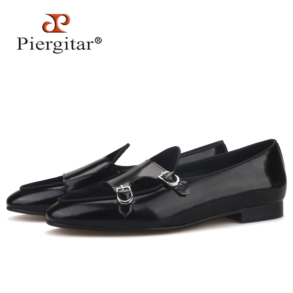 

Piergitar black hand-polished calfskin patchwork velvet double-monk belgian loafers for party and prom men's smoking slippers