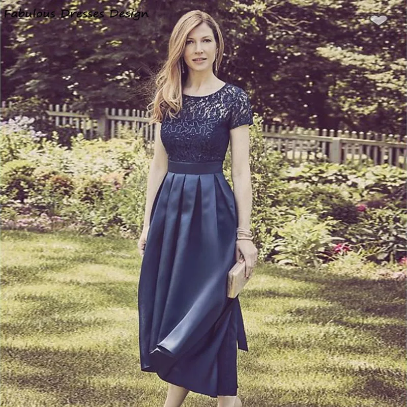 Темно-синее платье для матери невесты длиной ниже колена 2021 кружевное вечернее