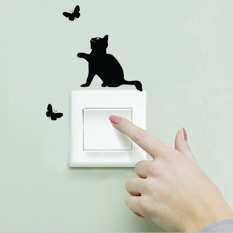 Настенная Наклейка с изображением черного кота и переключателя съемная