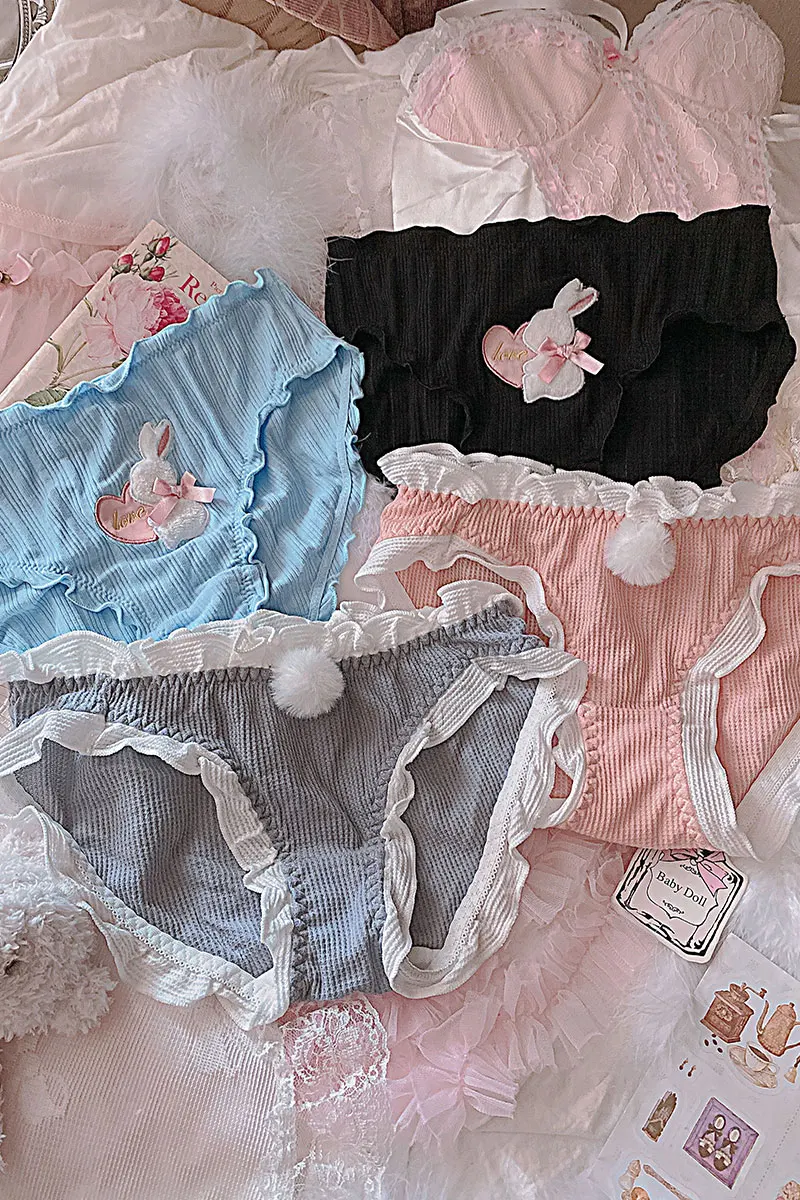 

Japanese Soft Sister Lolita Cute Pure Cotton Embroidery Love Plush Bunny Tail Ruffle Bowknot Young Girl Panties Student Girls