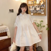 dress 2020 summer new japanese college style lapel pleated drawstring lace up short sleeve short height girls dress