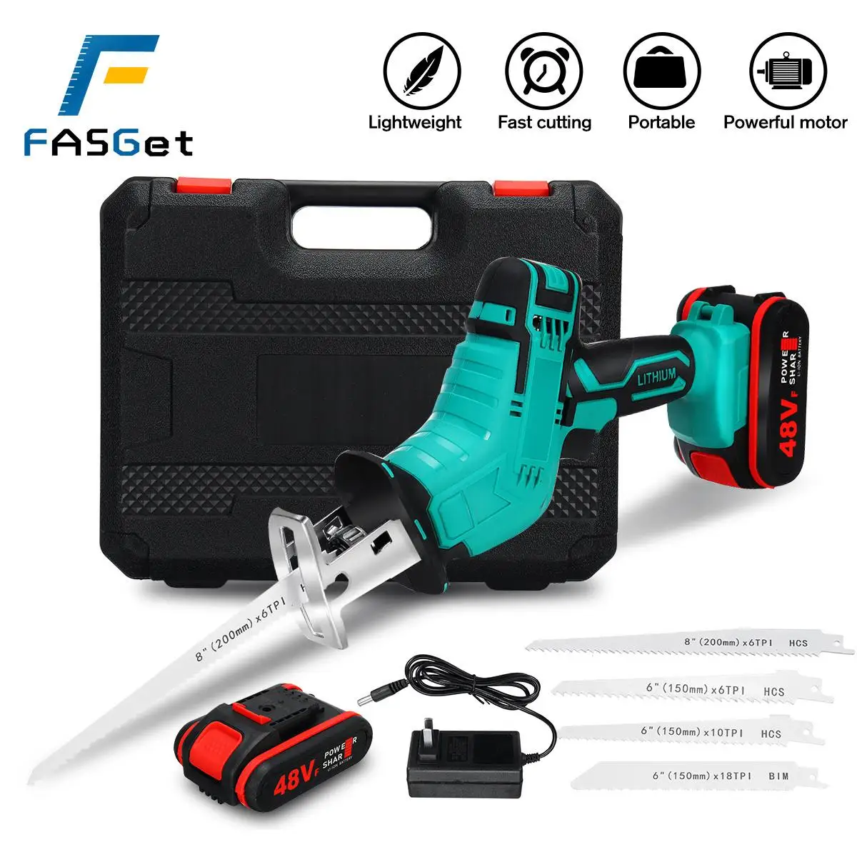 

48V Cordless Reciprocating Saw Adjustable Speed Chainsaw Wood Metal PVC Pipe Cutting Reciprocating Saw Power Tools w/4pcs blades