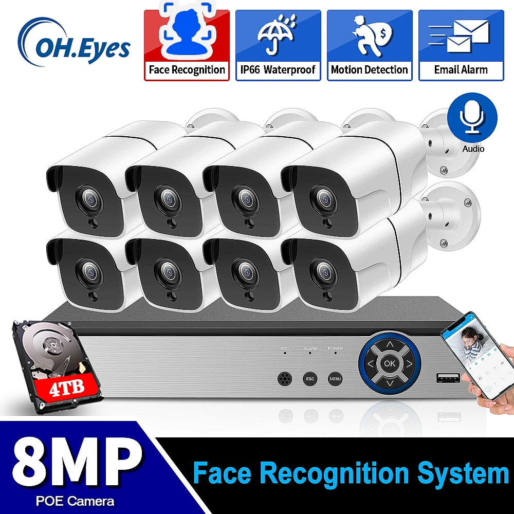

OH.EYES 8CH 4K 8MP POE NVR Kit Weatherproof Face Detection Playback 8.0MP Outdoor Audio Record IP Camera Video Surveillance Set