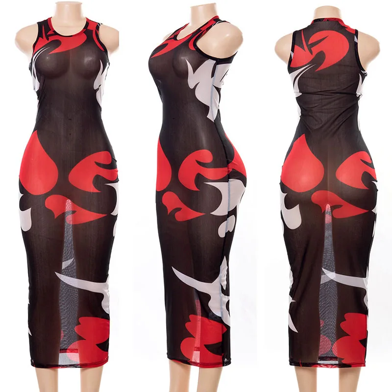 

Women Sexy See-trough Mesh Dress Summer Sleevelss Printed Bodycon Dress Fashion Night Out Club Party Clothes Ladies Beachwear