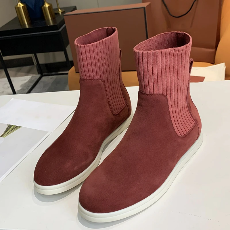 Goede Ronde Neus Enkellaarsjes Voorjaar Merk Ontwerp Vrouwen Schoenen Vintage Elastische Gebreide Vrouwelijke Platte Laarzen