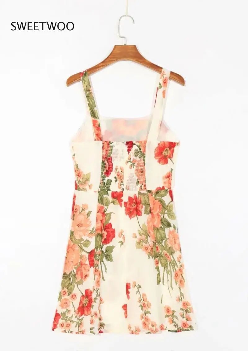 

Summer flower print tie bow tie vermicelli suspender skirt ladies ruffled hem wrinkle back beach suspender skirt