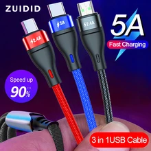 5A Fast Charging 3 in 1 USB Cable Multi Quick Charger Micro USB Type C Cable for iPhone for Samsung for Xiaomi Huawei Oneplus