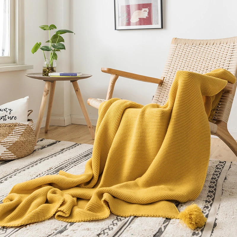 

Professional Yellow Sofa Knitted Throw Blanket With Tassels For Travel Home Chair 130x160cm Bed Couch