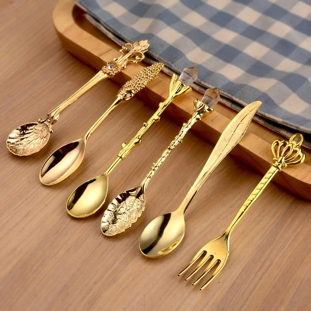 

6Pcs Crown Scepter Head Long Handle Coffee Dessert Mixing Spoon Fork Tableware