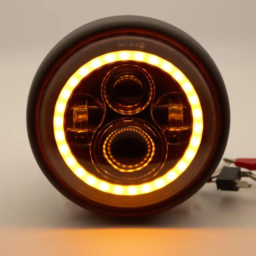 Круглая фара 7 5 дюйма с белым/янтарным кольцом ореола для Cafer Racer Honda Suzuki BMW
