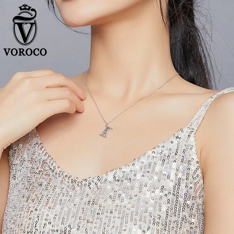 

VOROCO Real 925 Sterling Silver Pendant Necklaces Lucky K Fine Jewelry For Women Party Cute Accessories Birthday gift