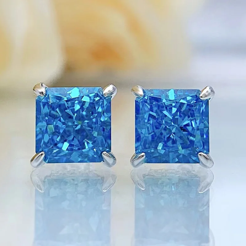 

S925 Sterling Silver Stud Earrings Blue High Carbon Diamond 8*8mm Pendant Necklace Super Beautiful Fairy Women Jewelry 2021