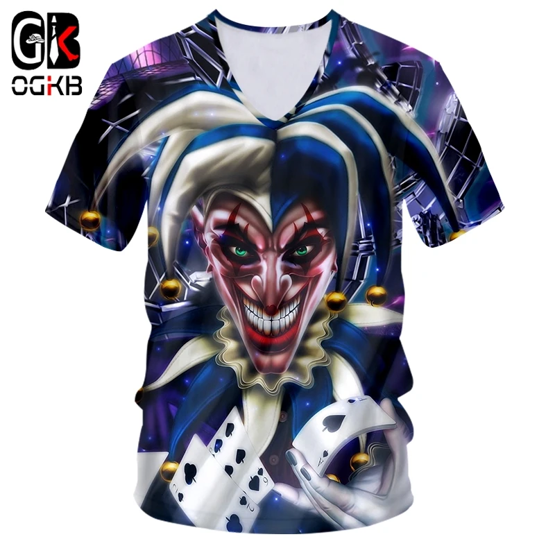 

OGKB Мужская футболка с глубоким v-образным вырезом, приталенная забавная 3D Футболка с принтом покера Джокера, уличная одежда, мужская Весення...