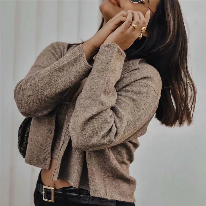 Винтажный стильный однотонный вязаный кардиган свитер однобортная эластичная