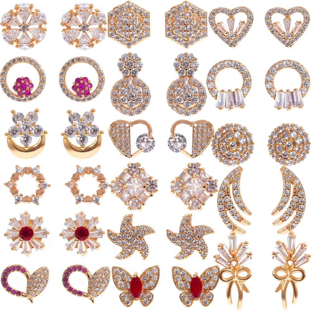 

ESSFF Earring Wholesale Red White Rhinestone Crystal Gold Color Stud Earrings for Women Heart/Round/Geometric Fashion Jewelry