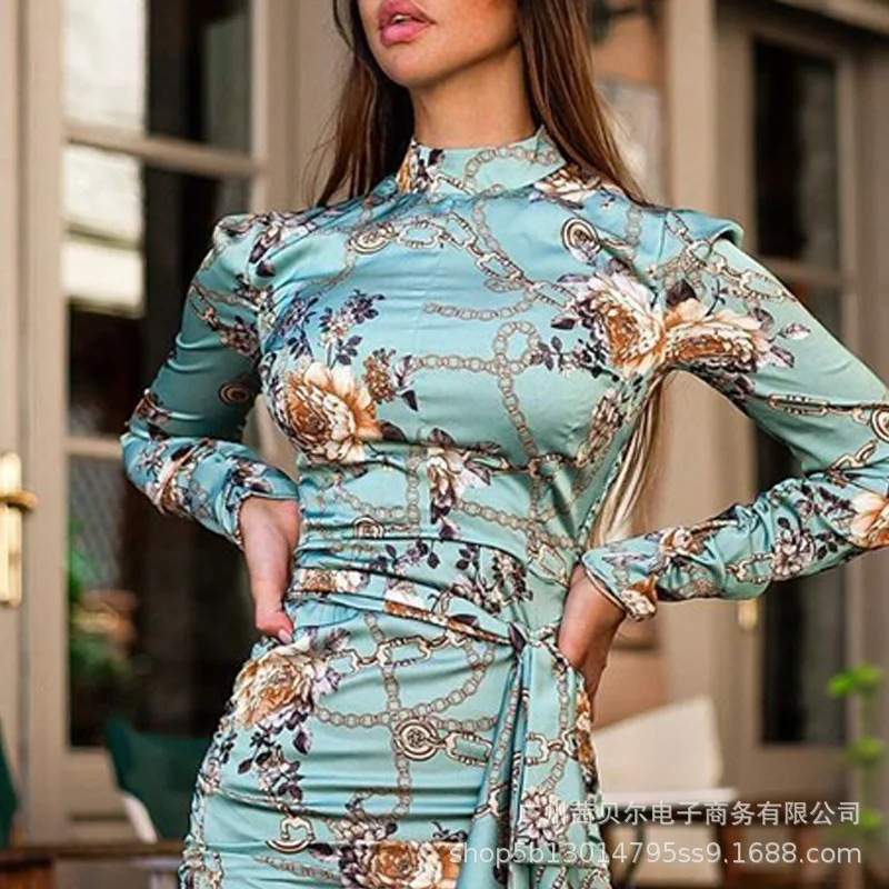 

Wepbel Flower Print Bodycon Dresses O-neck High Waist Party Dress Women Long Sleeve Chain Slim Fits Dress Ladies Wear