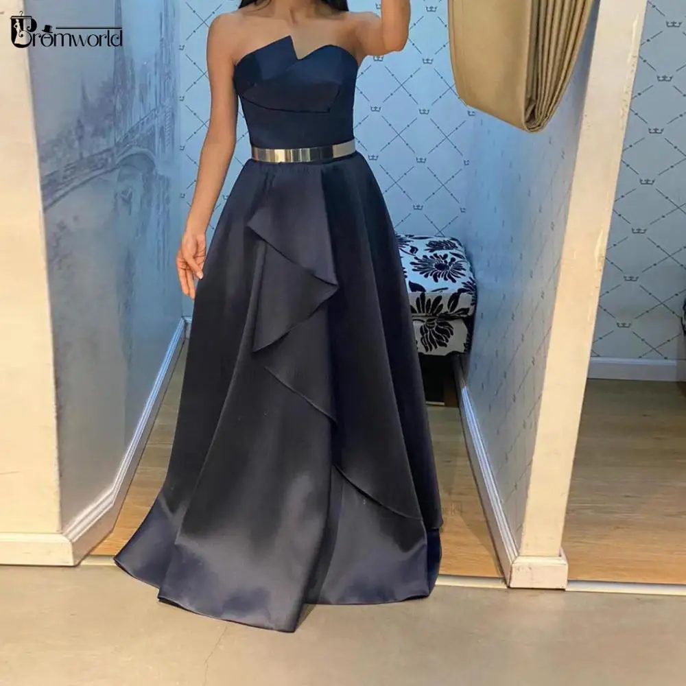 

Simple Navy Blue Prom Dresses Long A-Line Satin Party Maxys Long Party Gown Gold Belt Evening Dress Vestidos De Graduacin
