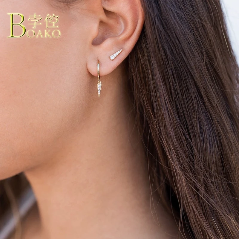 

Real 925 Silver Earrings For Women Gold Triangle Earrings Girl Ear Bone Piercing Earring Punk Female Small Zircon aretes B5