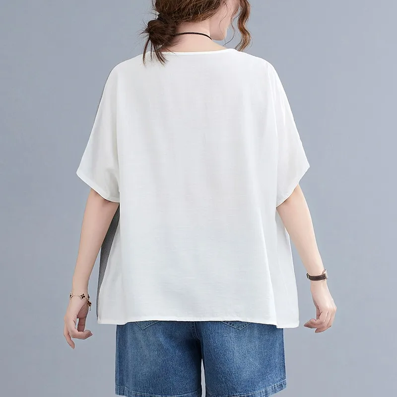 

Women Summer Loose Casual T-shirts New Arrival 2021 Simple Style O-neck Patchwork Color Female Cotton Linen Tops Tees B176