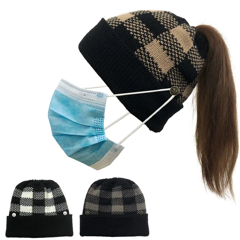 

Fashion Ladies Hats and Caps for Women Winter Warm Jacquard Plaid Elastic Knitted Outdoor Beanie Hat Cap With Hang Mask Buttons