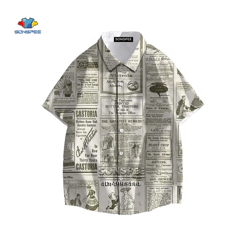 Винтажная рубашка для мужчин и женщин, с гавайским 3D-принтом, в стиле старой газеты, летняя, повседневная, Пляжная, свободная, с коротким рука...