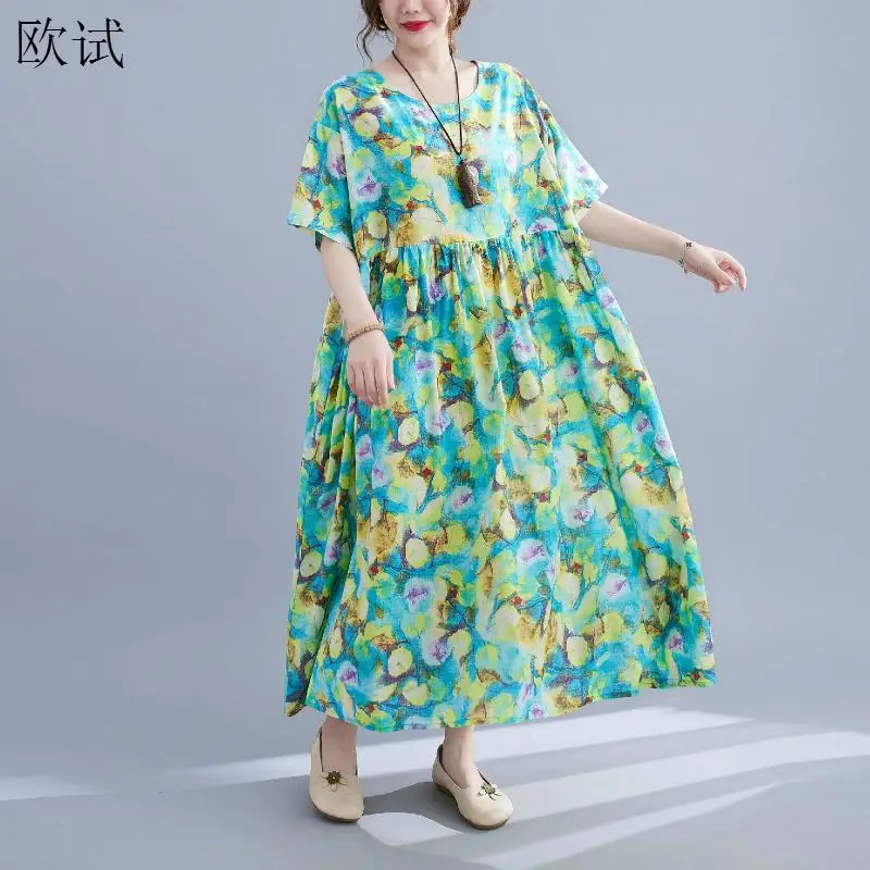 

Летнее пляжное платье большого размера с цветочным рисунком для женщин; Повседневные длинные женские платья; Новое модное Хлопковое платье...