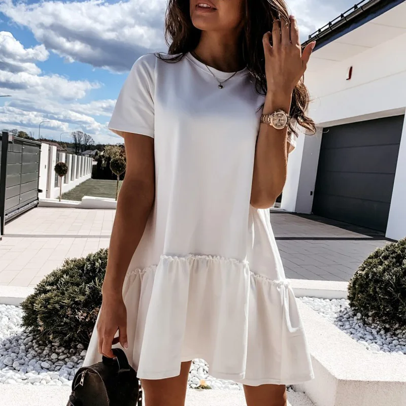 Повседневное женское платье KAMUCC с круглым вырезом и оборками однотонное