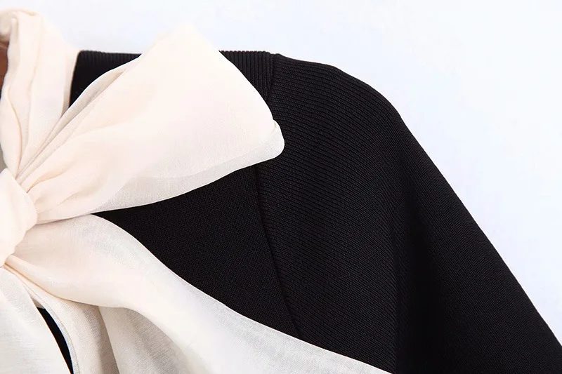 

Bow Lace Up Party Dress Women Femme Knitting Spring Sweater Dress Half Sleeve High Waist Patchwork A-Line Jurken Elegant Solid