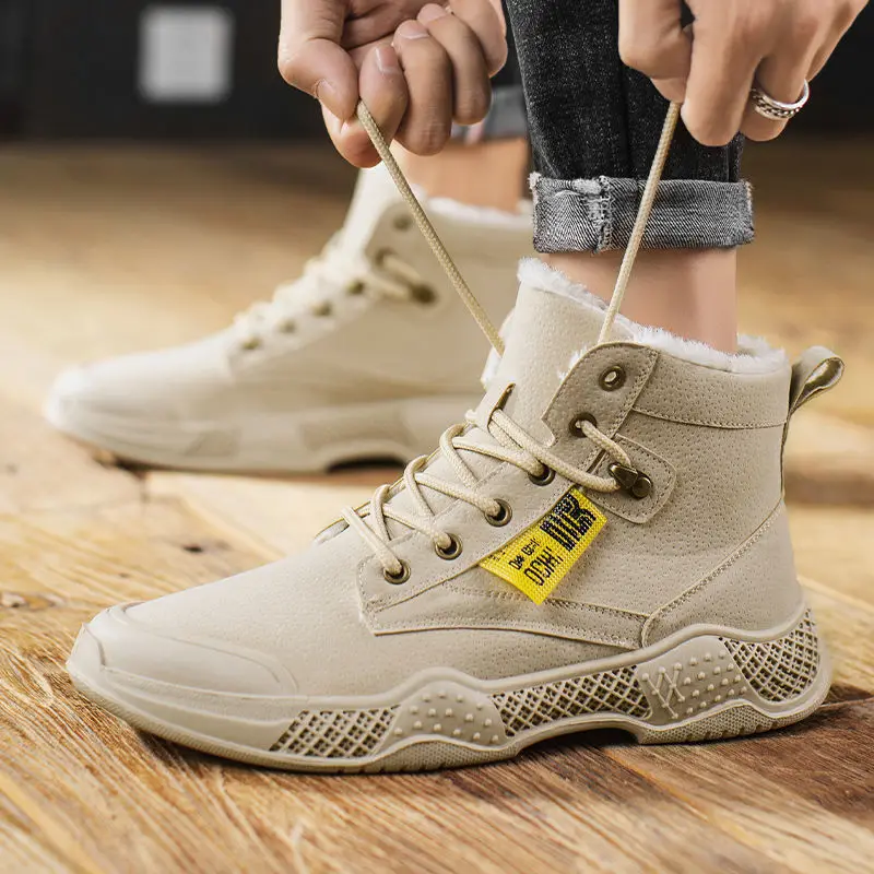 Мужские ботинки на шнуровке коричневые ботильоны из искусственной кожи с мехом