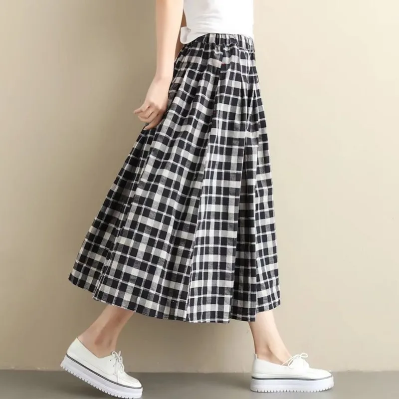 

Autumn Winter Skirts Women Literary Vintage Mori Girl High Waist A-Line Slanting Pockets Long Midi Cotton Linen Plaid Skirts