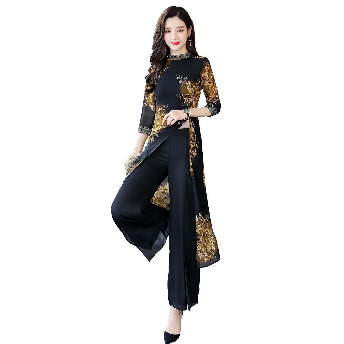 Женский шифоновый костюм из двух предметов винтажная блузка с цветочным принтом