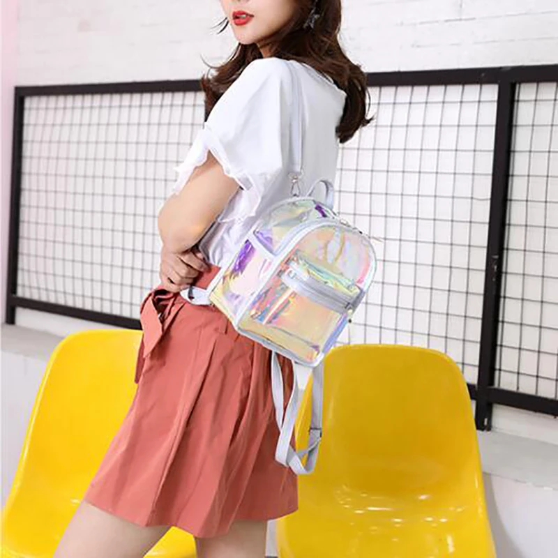 

PVC Mini Backpack Women Fashion Clear See Through Teenager School Book Bag Laser Jelly Transparent Mini Travel Bags