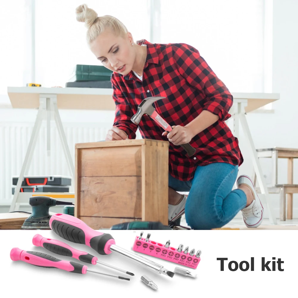 

21PCS Hand Tool Set DIY Home Measuring Tape Pliers Tool Kit Bag Pink Tools For Women Girls Gift With Hard Storage Tool Case