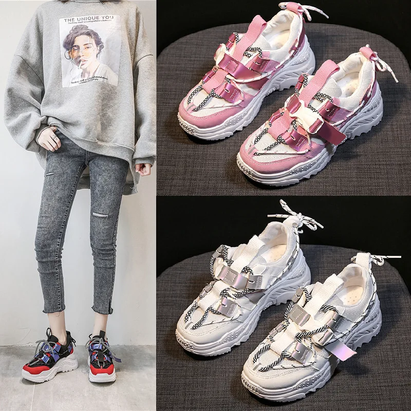 Женские кроссовки на массивной подошве белые дышащие платформе повседневная