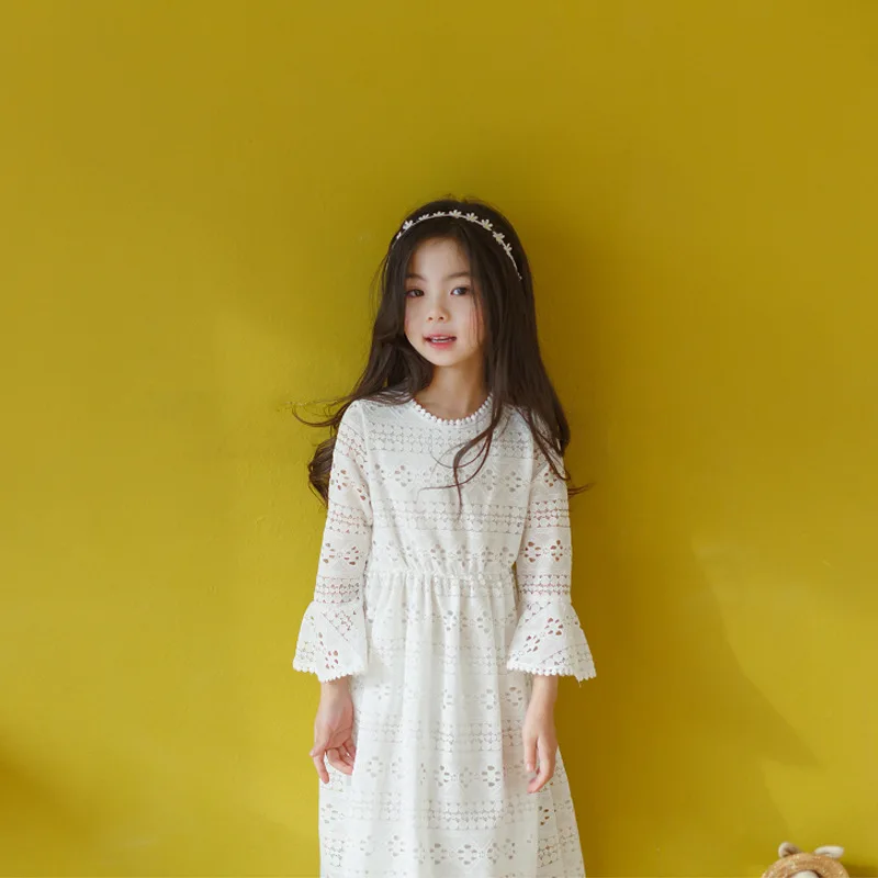 Осень 2018 кружевное платье для девочек детское принцессы белое хлопковое на