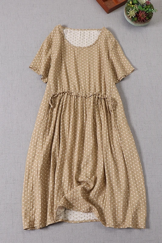 

Summer new cotton double-layer yarn short-sleeved dress loose literary sen waist round neck pullover mid-length dress