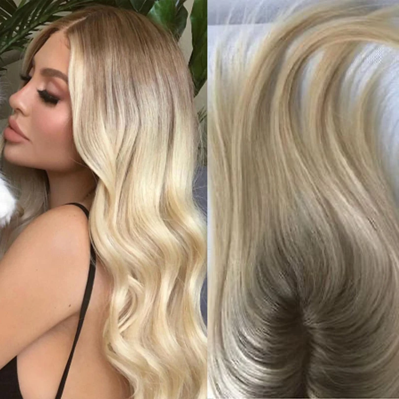 613 Hair Piece Real Human Hair Full Lace Topper for Women Natural Straight Ombre Brown Fading to Blonde Mono Toupee with Clips