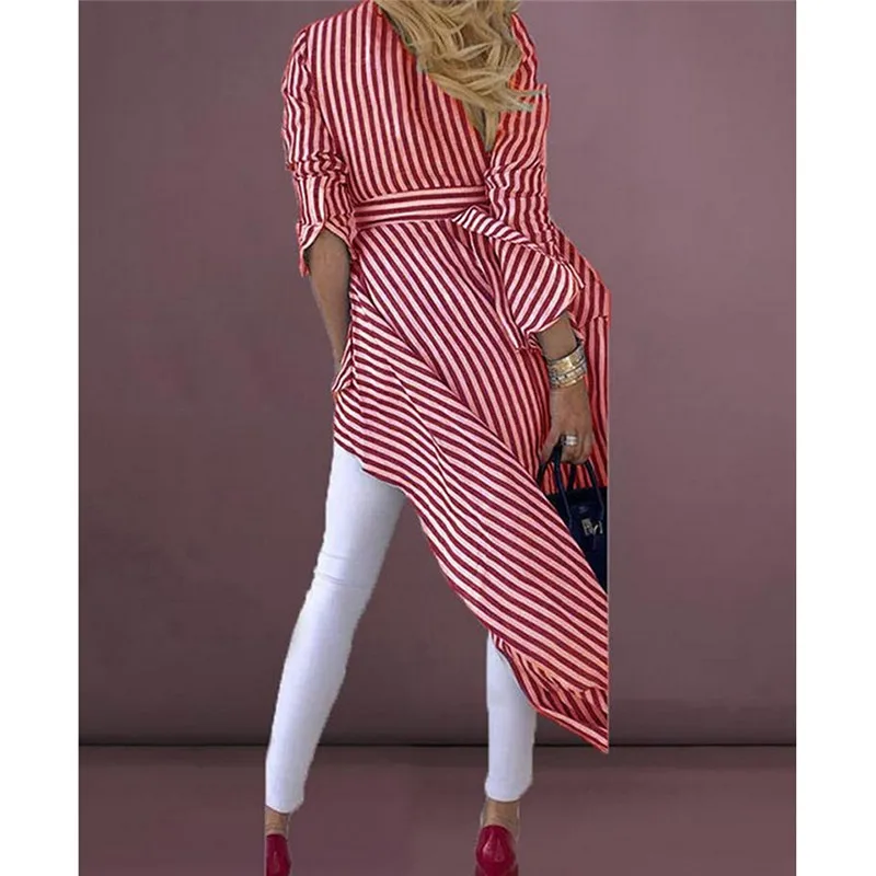 Женская рубашка в полоску с длинным рукавом и V-образным вырезом | одежда