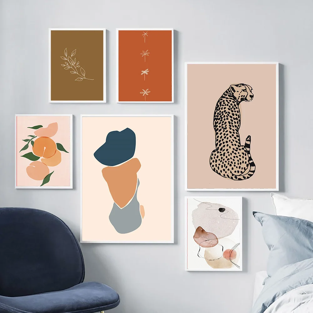

Pure Background Color Line Draw Trees Canvas Paintings Animal and Pink Peach Pictures for Living Room Home Decorations