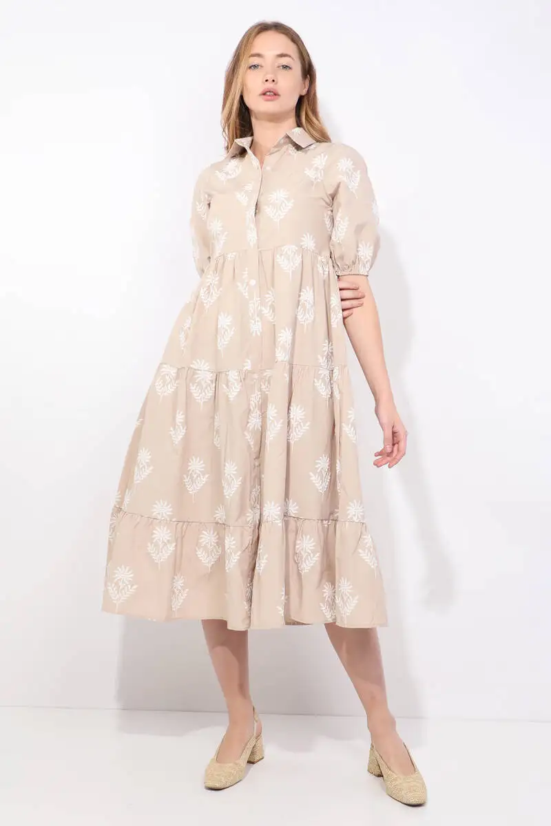 

Women Beige Half Sleeve Print Pattern Dress