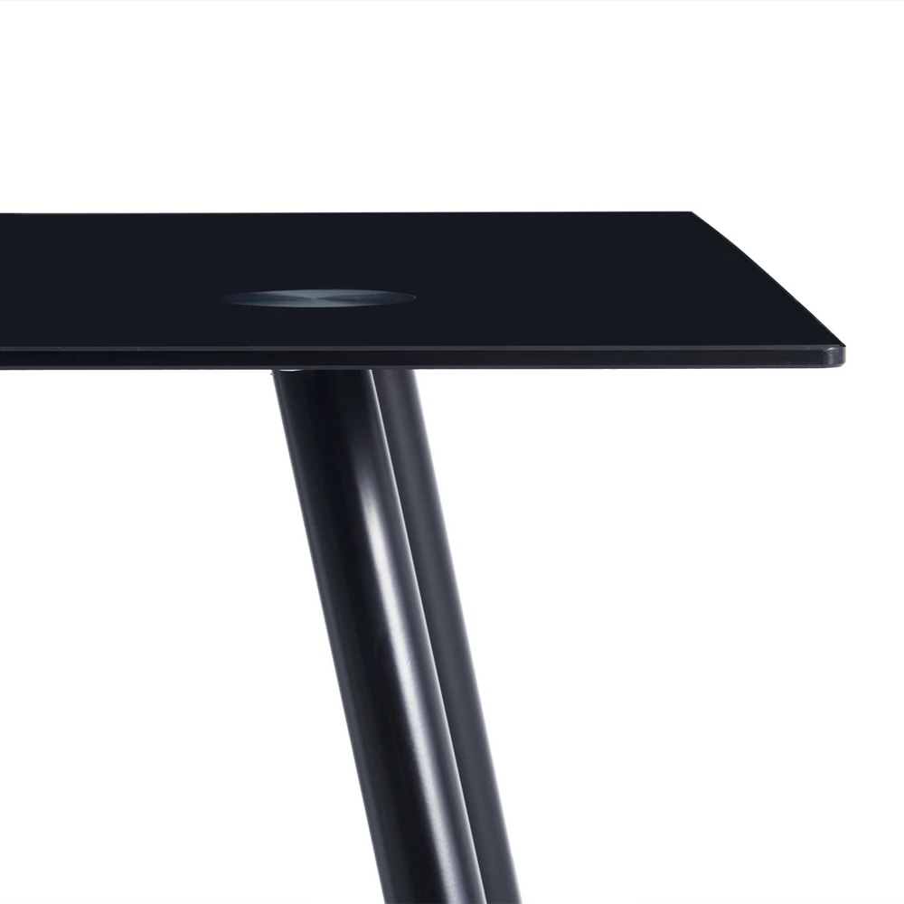 

Dining Table Chairs Set Include 1 Black Rectangle Glass Dining Table + 4 Elegant Stripping Texture High Backrest Dining Chairs